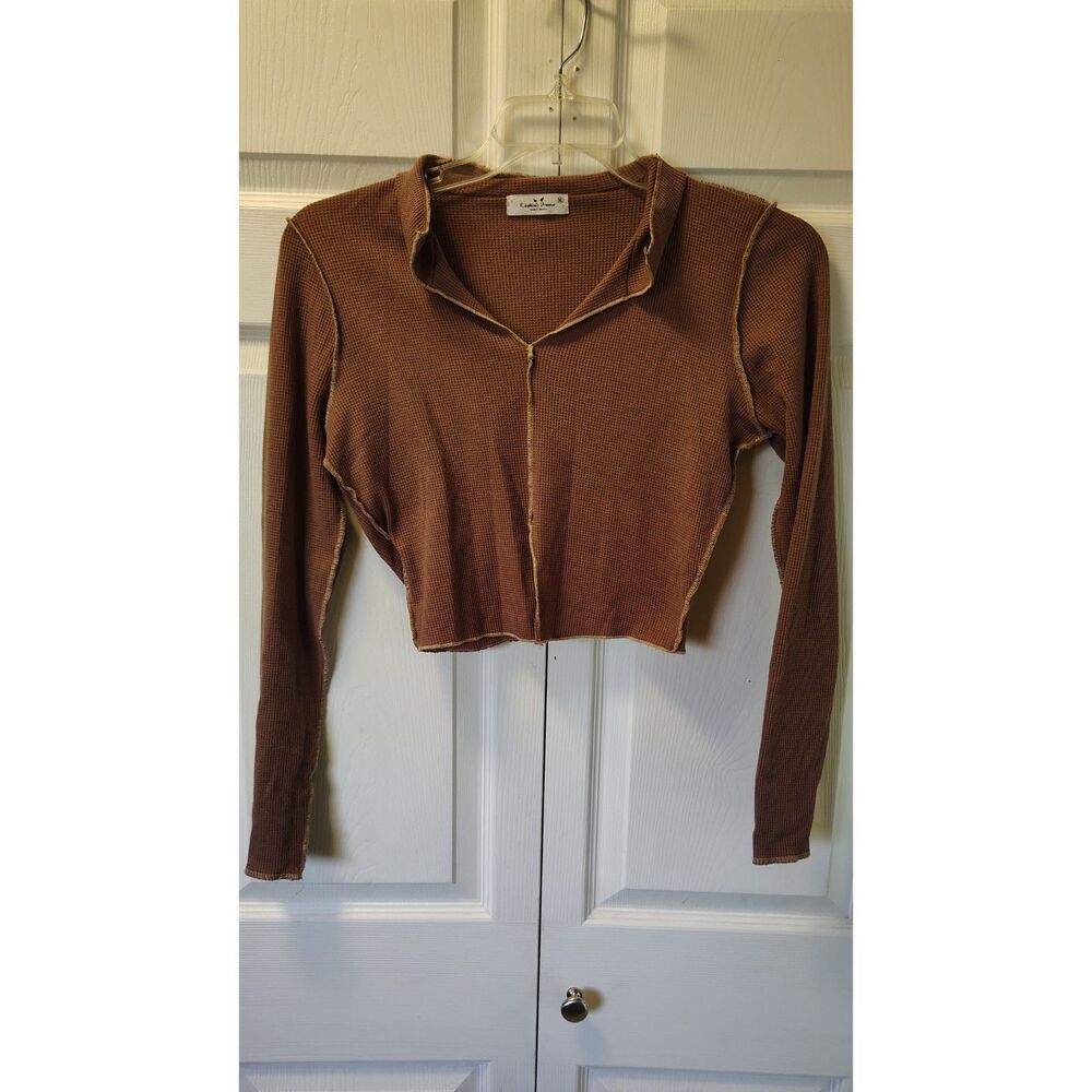 Rebellious Dreamer Women's Brown Waffle Knit Raw Seam Exposed Stitch Crop Top XL